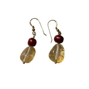 Handmade Dangle Earrings With Yellow Stone & Red Bead